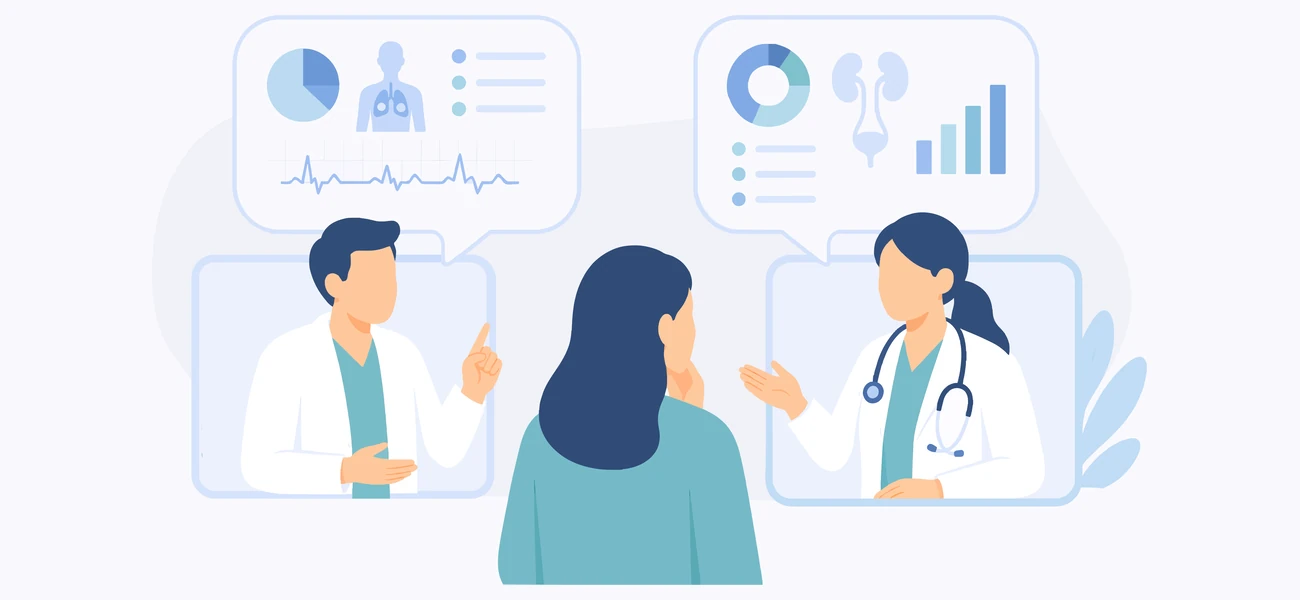 Patient reviewing her diagnosis with two physicians during separate telehealth consultations